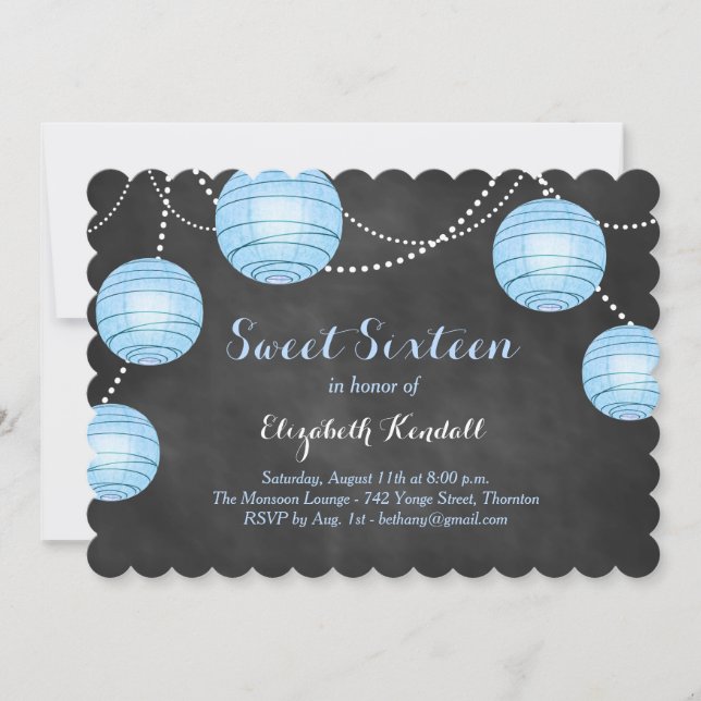Blue Lanterns on Chalk Sweet Sixteen Invitation (Front)