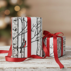 Blue Large Birch Trees and Red Cardinal Birds Wrapping Paper