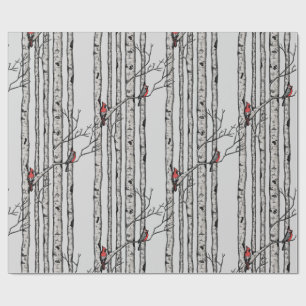 Blue Large Birch Trees and Red Cardinal Birds Wrapping Paper