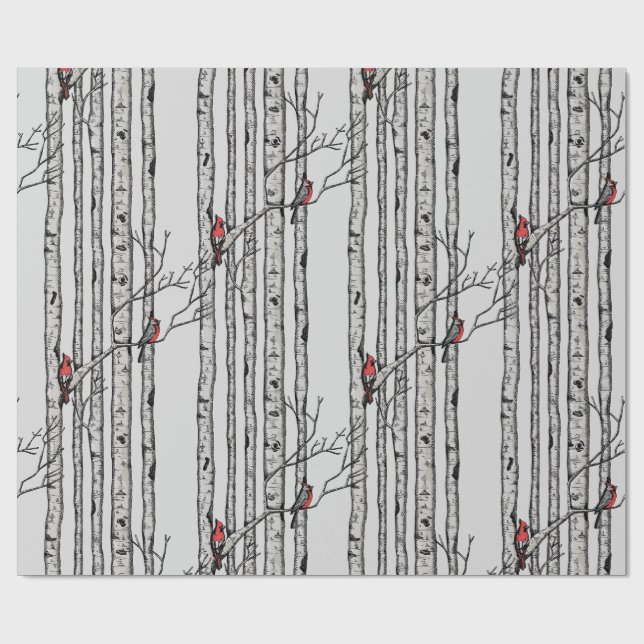 Blue Large Birch Trees and Red Cardinal Birds Wrapping Paper (Flat)