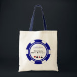 Blue Las Vegas Casino Poker Chip Birthday Tote Bag<br><div class="desc">This blue and white poker chip style tote bag would make a perfect gift for your birthday guests to carry through the night of gambling or a weekend in Las Vegas. Personalise the design with your name and birthdate # in black in the centre, and your text in red on...</div>