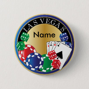 Blue Las Vegas Gambler - Dice, Cards, Poker Chips 6 Cm Round Badge