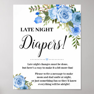 Blue Late Night Diapers Baby Shower game sign