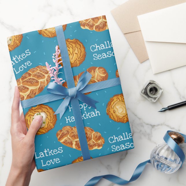 Blue Latkes and Challah Bread Hanukkah Pattern Wrapping Paper (Gifting)