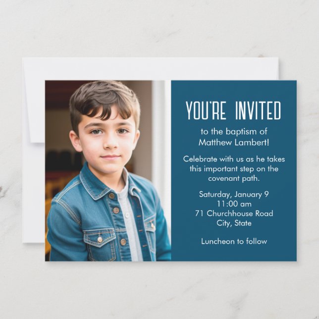 Blue Latter-day Saint Child Photo Baptism Invitation (Front)