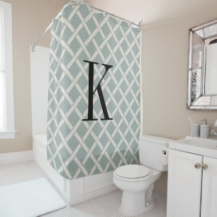 Blue Lattice Large Monogram   Farmhouse Bathroom Shower Curtain