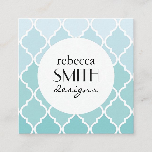 Blue Latticework, Ombre, Quatrefoil, Trellis Square Business Card (Front)