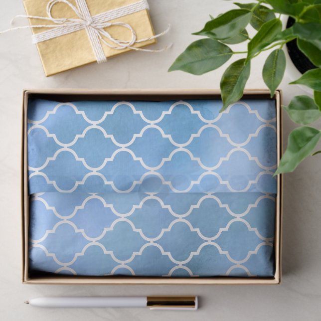 Blue Latticework, Quatrefoil, Trellis, Watercolors Tissue Paper (Gift)