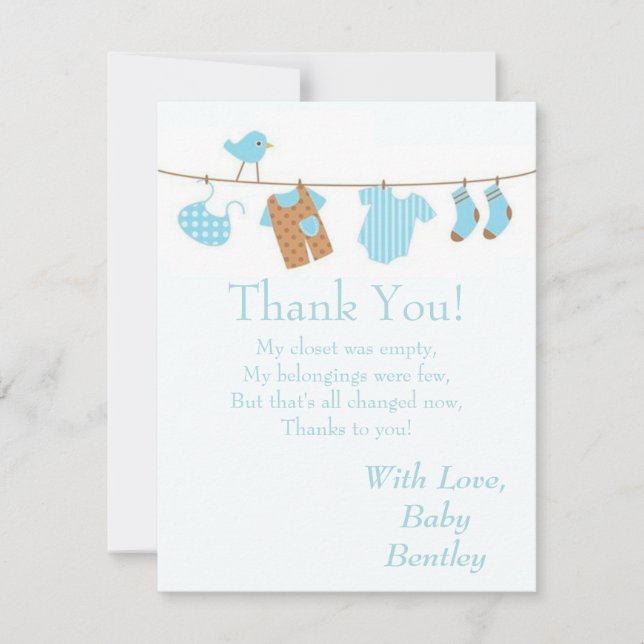 Blue Laundry Bird Baby 4x5 Flat Thank You Card (Front)