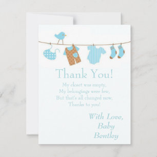 Blue Laundry Bird Baby 4x5 Flat Thank You Card
