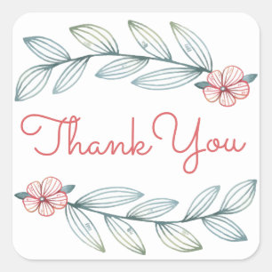 Blue Laurel Leaves Thank You Red Flowers Wedding Square Sticker