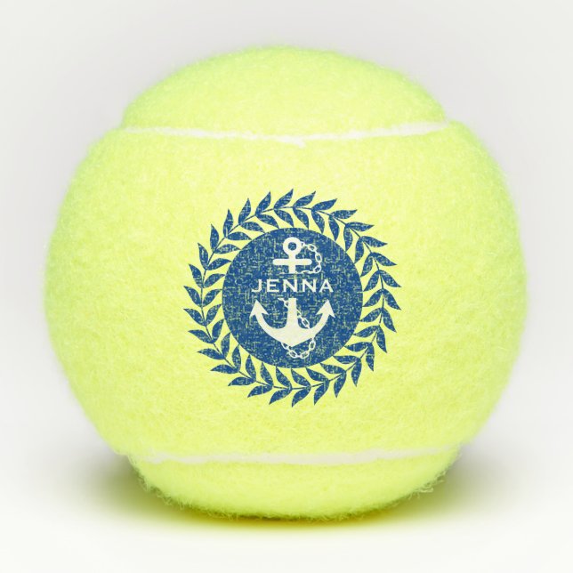 Blue Laurel Wreat White Nautical Anchor Tennis Balls (Front)