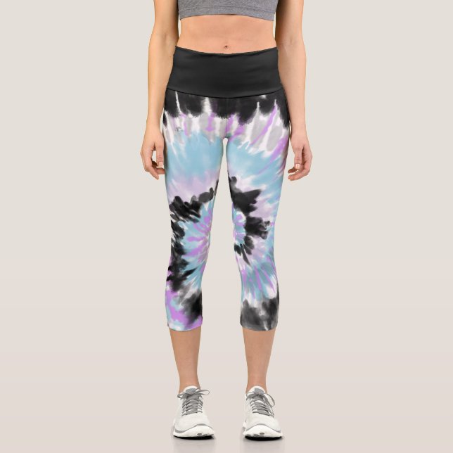 Blue Lavender Black Tie Dye Abstract Swirl Capri Leggings (Front)