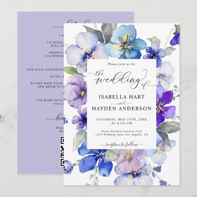 Blue Lavender Floral All In 1 QR Code Wedding Invitation (Front/Back)