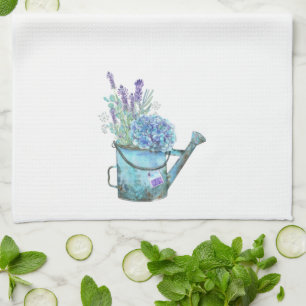 Blue Lavender Hydrangea Water can Farmhouse Floral Tea Towel