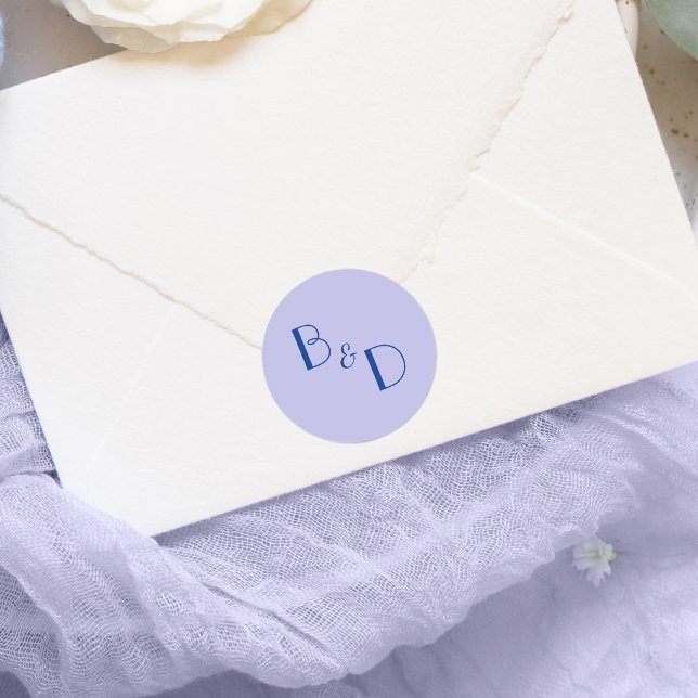 Blue Lavender Modern Monogram Wedding Classic Round Sticker (Creator Uploaded)