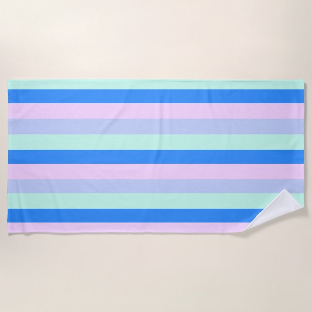Blue, Lavender, Pink & Pastel Mint Green Stripes Beach Towel (Front)