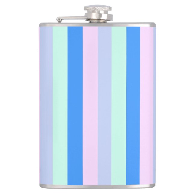 Blue, Lavender, Pink & Pastel Mint Green Stripes Hip Flask (Front)