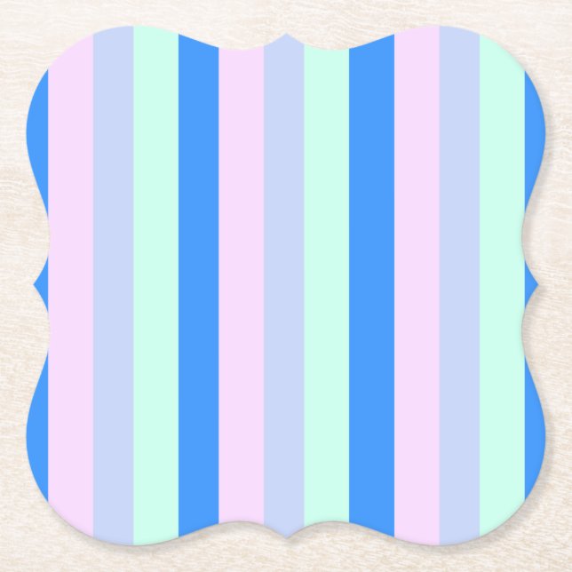 Blue, Lavender, Pink & Pastel Mint Green Stripes Paper Coaster (Front)