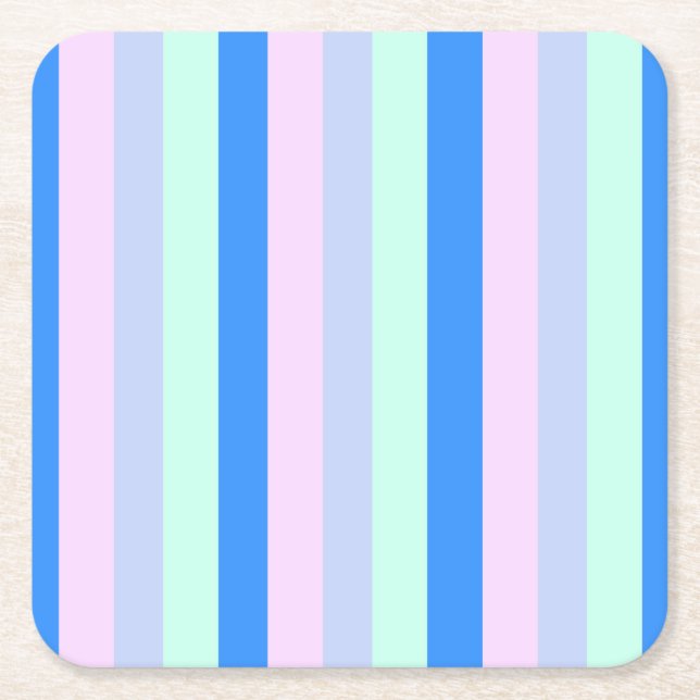 Blue, Lavender, Pink & Pastel Mint Green Stripes Square Paper Coaster (Front)