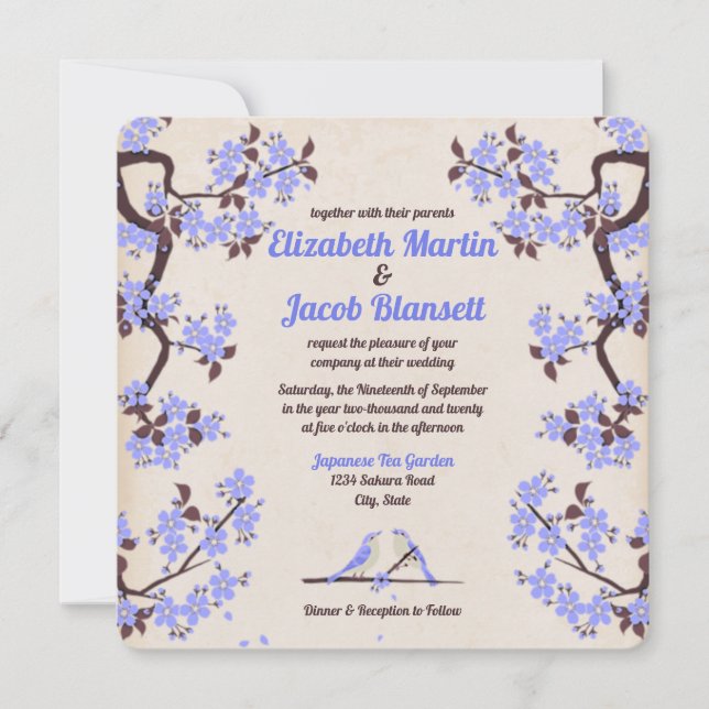 Blue Lavender Sakura and Love Birds Wedding Invitation (Front)