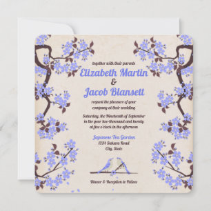 Blue Lavender Sakura and Love Birds Wedding Invitation