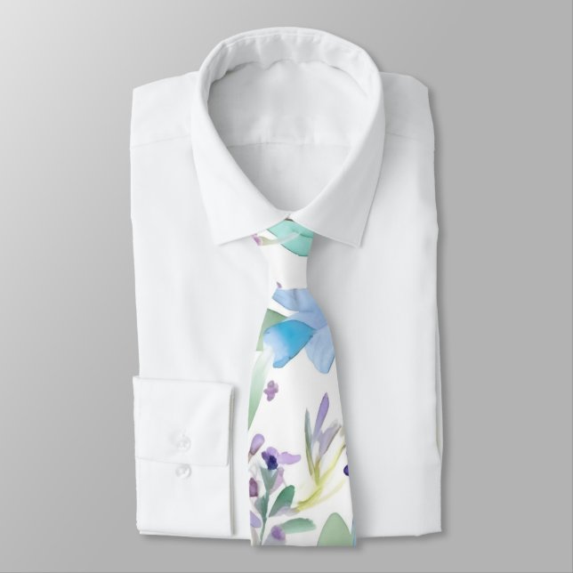 Blue & Lavender Watercolor Floral Necktie (Tied)