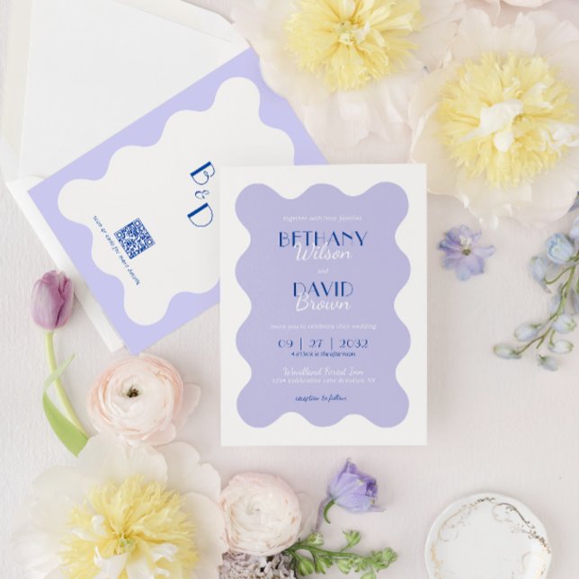 Blue Lavender Wave Scallop Monogram QR Wedding Invitation (Creator Uploaded)