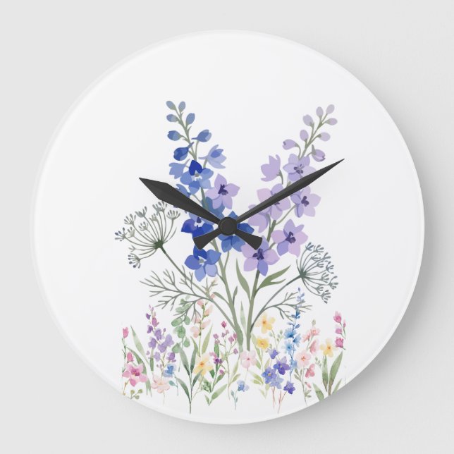 Blue & Lavender Wildflower Wall Clock – Elegant Wa (Front)