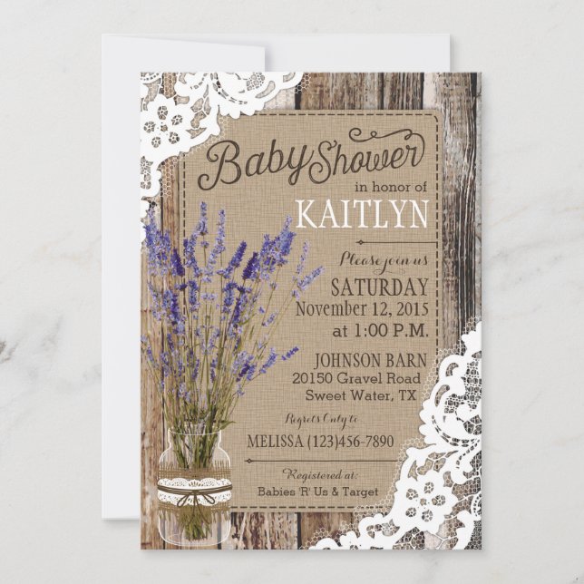 Blue Lavender Wood Lace Rustic Baby Shower Invitation (Front)