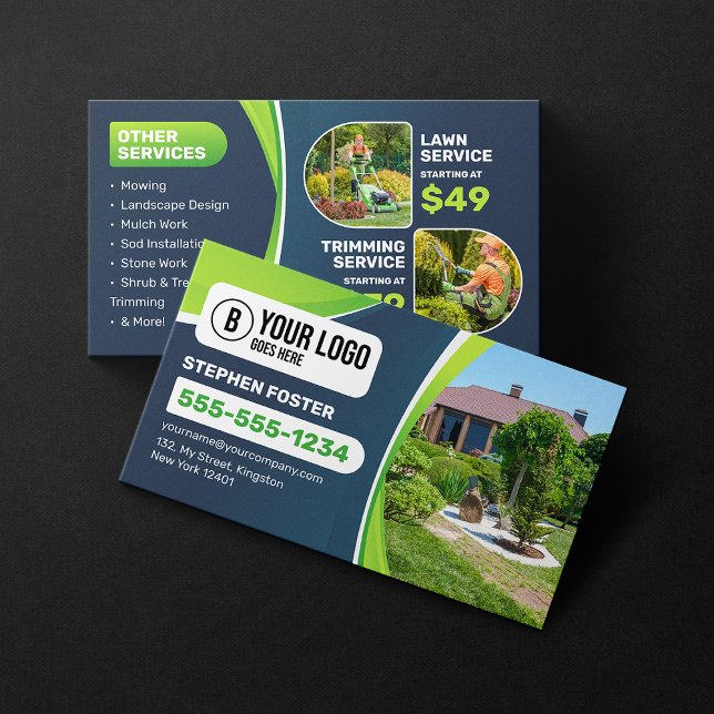 Blue Lawn Care Landscaping Trimming Mowing Service Business Card (Creator Uploaded)