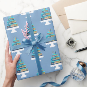Blue Layered Birthday Cake Wrapping Paper