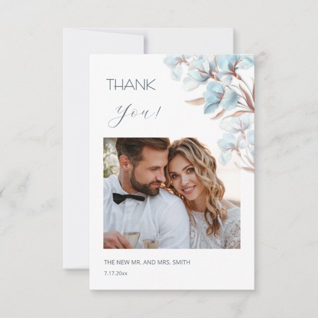 Blue Layered Flowers Wedding Thank You Card (Front)