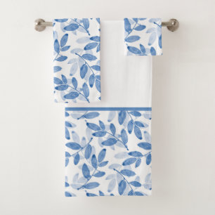 Blue Layered Watercolor Leaves Pattern Bath Towel Set