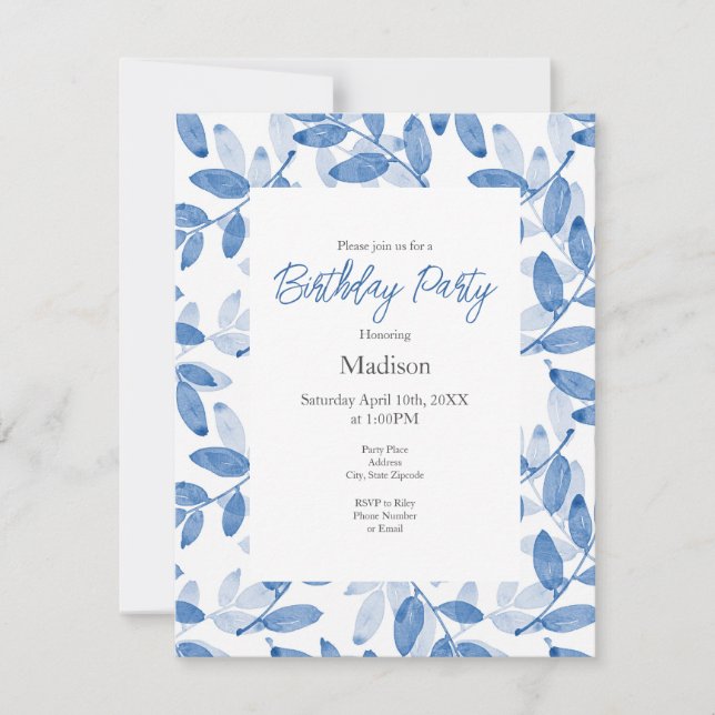 Blue Layered Watercolor Leaves Pattern Invitation (Front)