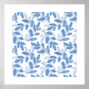 Blue Layered Watercolor Leaves Pattern Poster