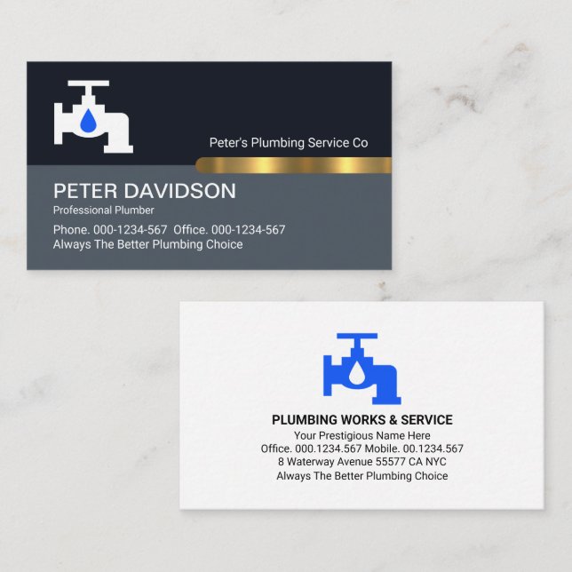 Blue Layers Gold Plumbing Tab Business Card (Front/Back)