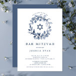 Blue Leaf Bar Mitzvah Invitation<br><div class="desc">Beautiful Bar Mitzvah invitations featuring a soft blue leaf wreath and Star of David set on a white background.  Flip our invitation over to view a coordinating back for an extra special touch.  Visit our shop to view our Bar Mitzvah collection.</div>