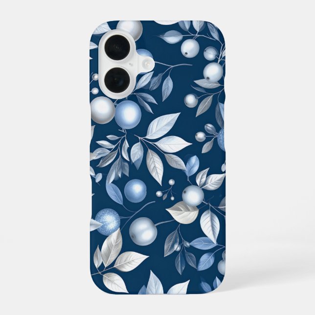 Blue Leaf Berry Pattern iPhone 16 Case (Back)