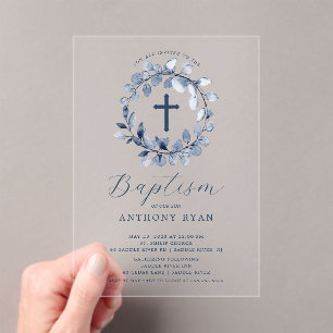 Blue Leaf Boys Baptism Invitation