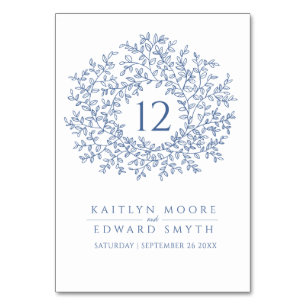 Blue leaf circle monogram wedding custom table number
