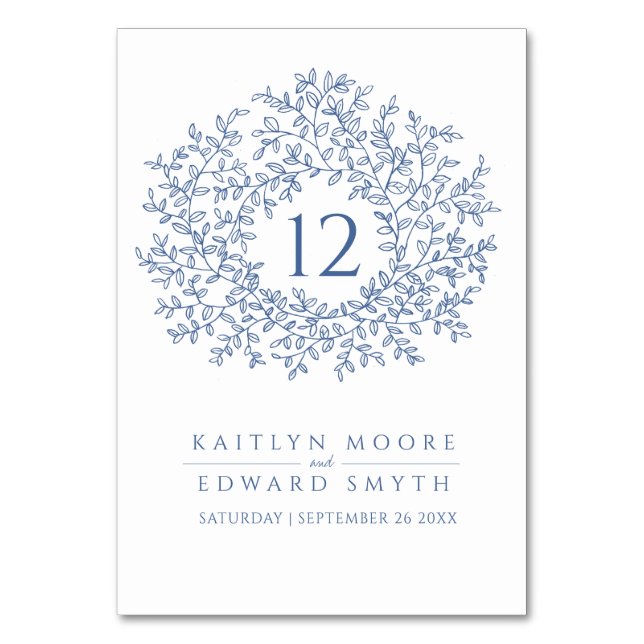 Blue leaf circle monogram wedding custom table number (Front)