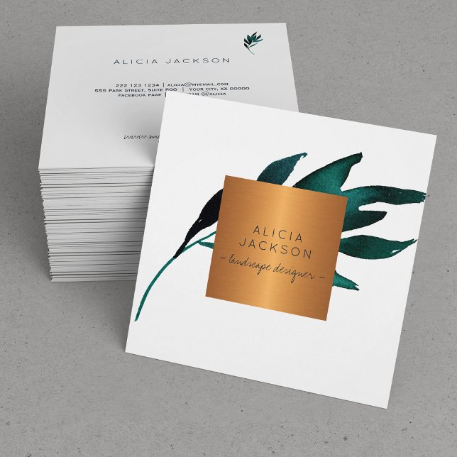 Blue leaf copper rose gold landscape designer square business card (Creator Uploaded)