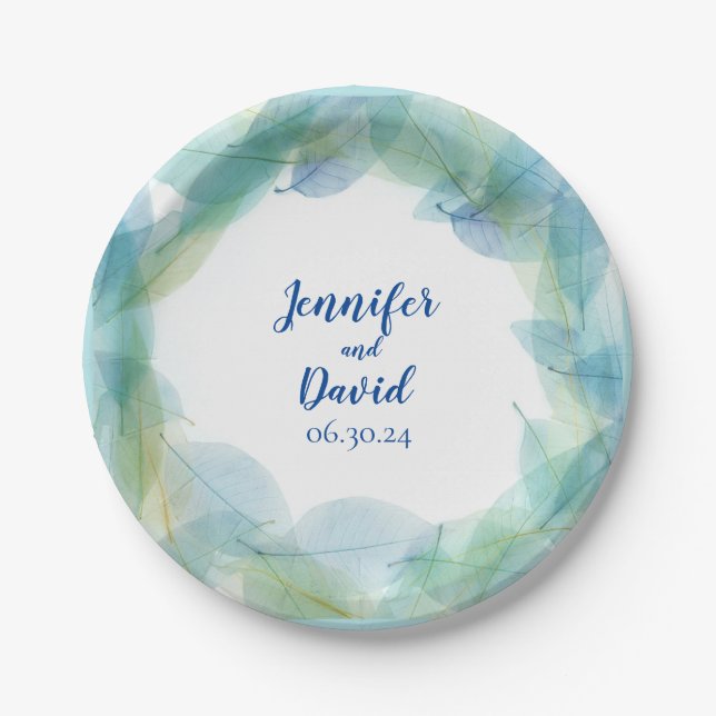 Blue Leaf Design Personalised Wedding Paper Plates (Front)