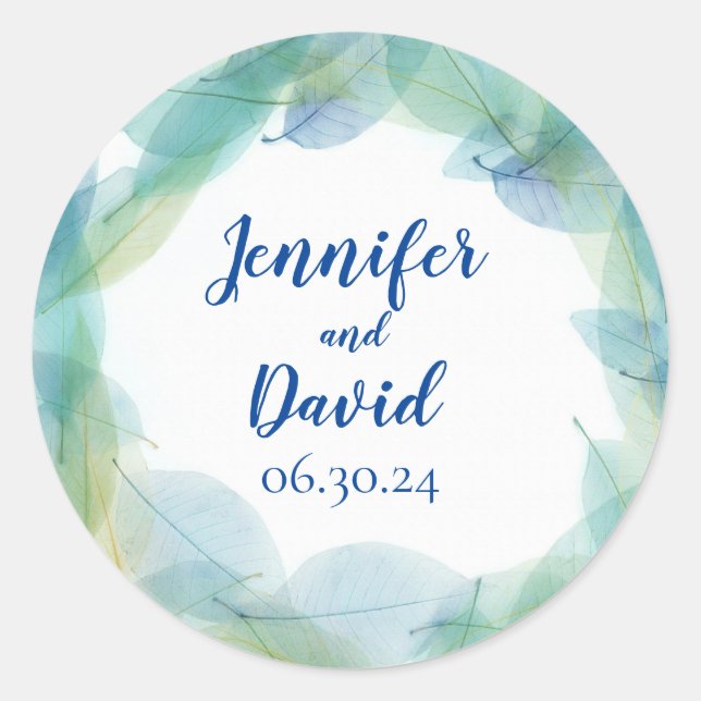 Blue Leaf Design Personalised Wedding Stickers (Front)