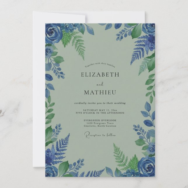 Blue Leaf Flourish Wedding Invitation (Front)
