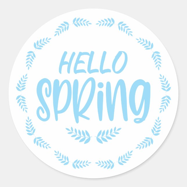 Blue Leaf Hello Spring Classic Round Sticker (Front)