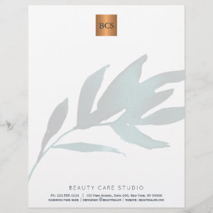 Blue leaf metallic gold copper monogrammed personalized letterhead