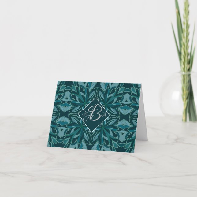 Blue Leaf Pattern Monogram Personal Note Card (Front)