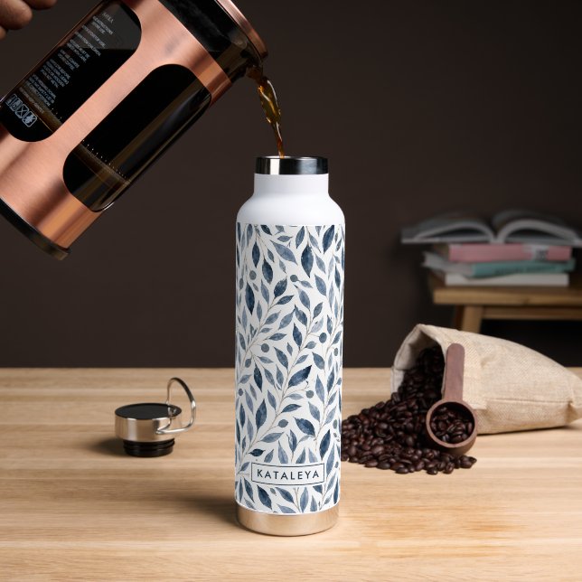 Blue Leaf Personalised Water Bottle (Coffee (Rotated))